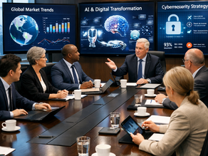 Modern boardroom with executives reviewing technology presentations.