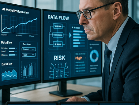 Audit professional reviewing AI dashboard displays – examining multiple screens showing AI model performance metrics, data flow diagrams, and risk indicators.