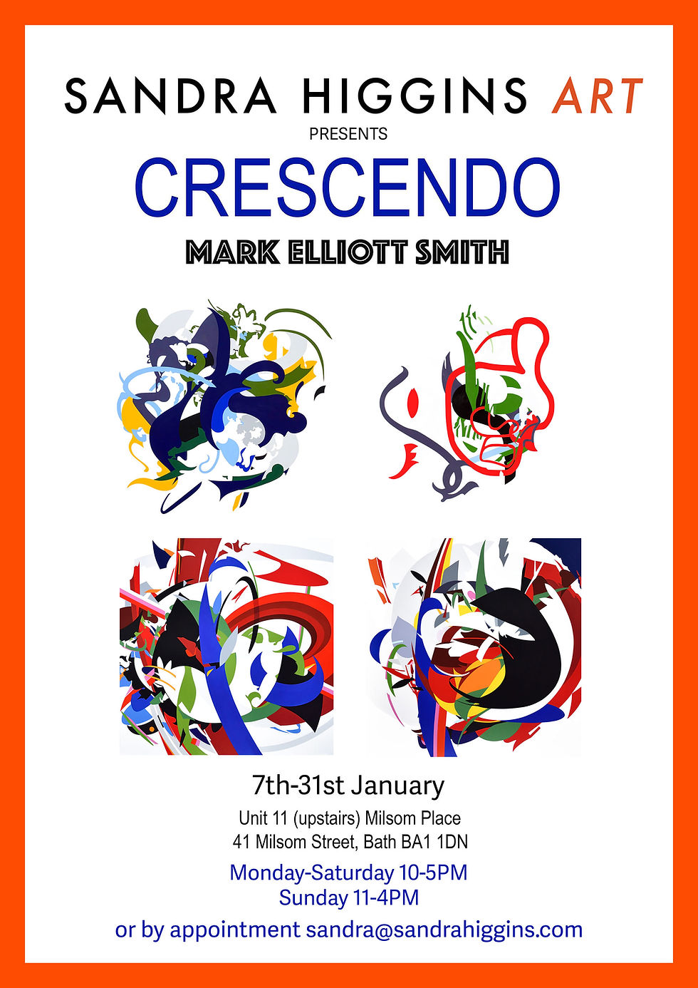 This new exhibition of large abstract paintings on canvases and ink on paper is now open at SANDRA HIGGINS ART gallery at MILSOM PLACE, BATH