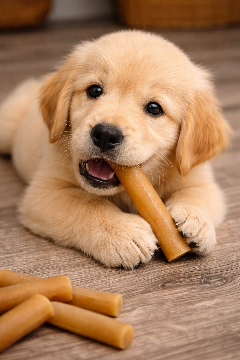 Eye-level view of a puppy chewing on a natural sweet potato dog chew