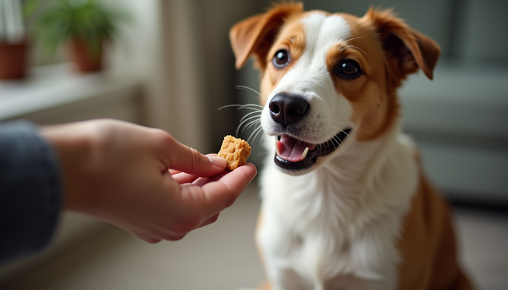 Close-up view of a dog sitting patiently waiting for a treat