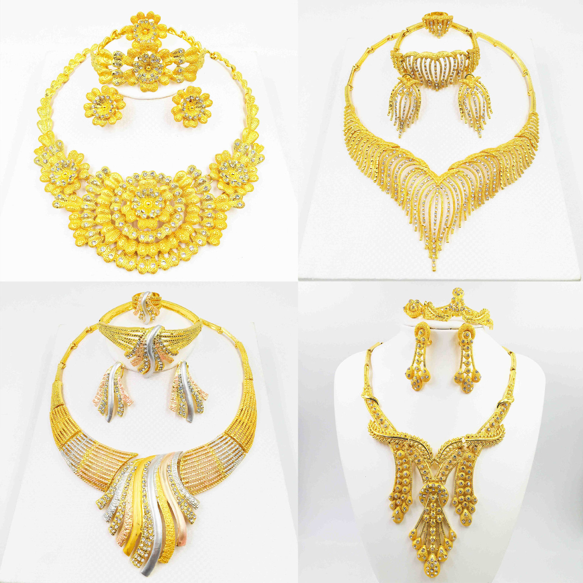 24K Gold Alloy Jewelry Set: Necklace, Bracelet, Ring, Earrings