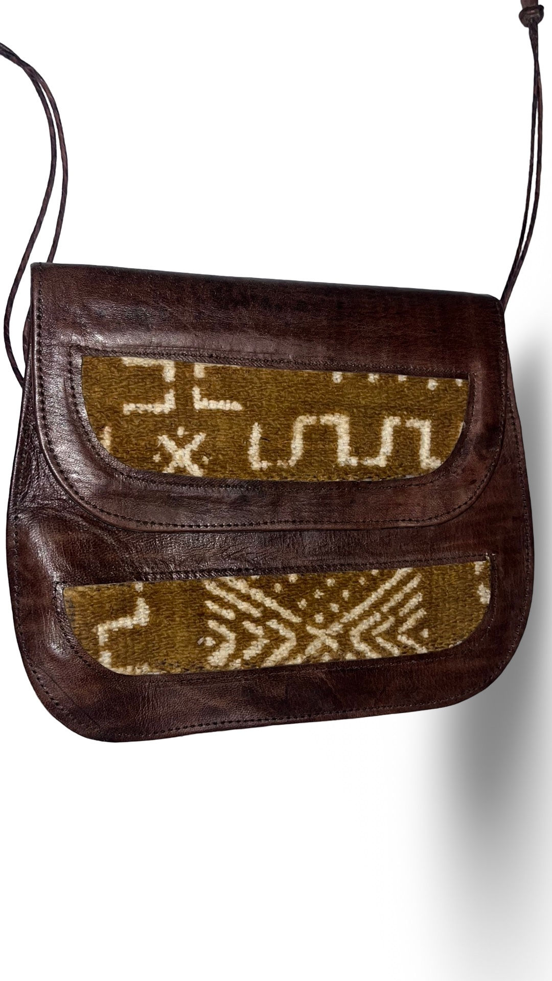  Brown Genuine Leather and Mudcloth Clutch