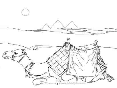 Camel in the Egyptian desert with the pyramids in the background Belly dance themed colouring in, colour in, color in, family friendly free download