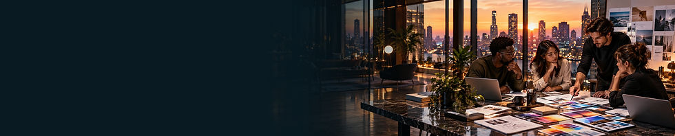 A creative team reviewing offer designs around a table with a city skyline at sunset