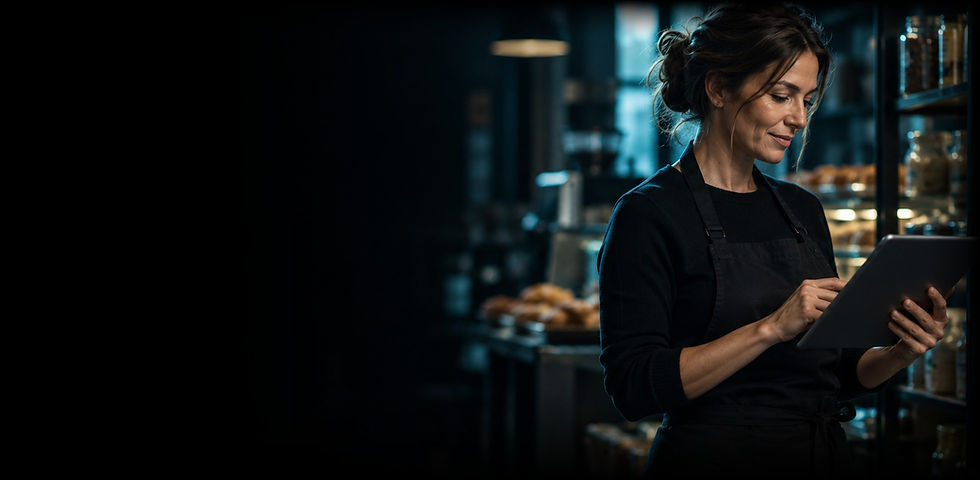 Cafe owner checking stock with a tablet