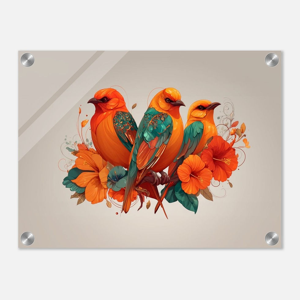 Painting of colorful birds on a tree