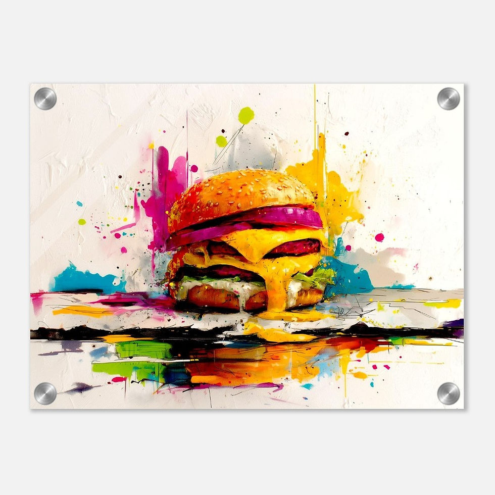 Colorful painting of a burger