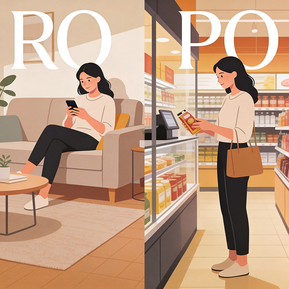 Split-Screen: links eine Frau, die online auf dem Smartphone recherchiert, rechts dieselbe Person beim Einkauf im Geschäft – Darstellung des ROPO-Verhaltens.