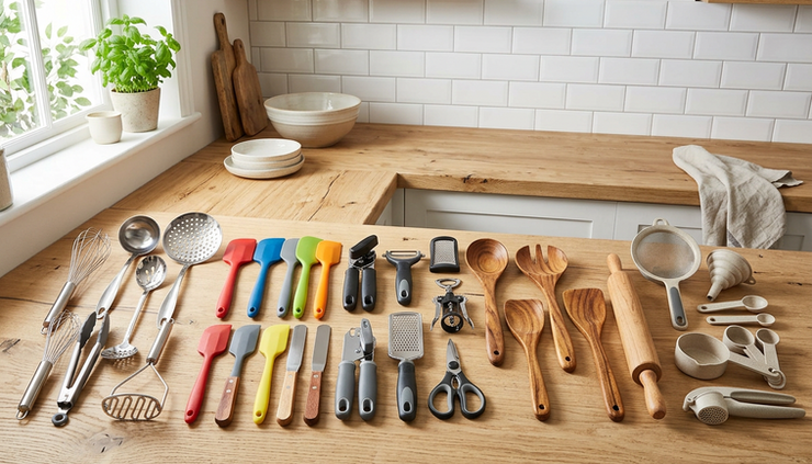 Wide-angle view of kitchen utensils arranged by material on a wooden surface