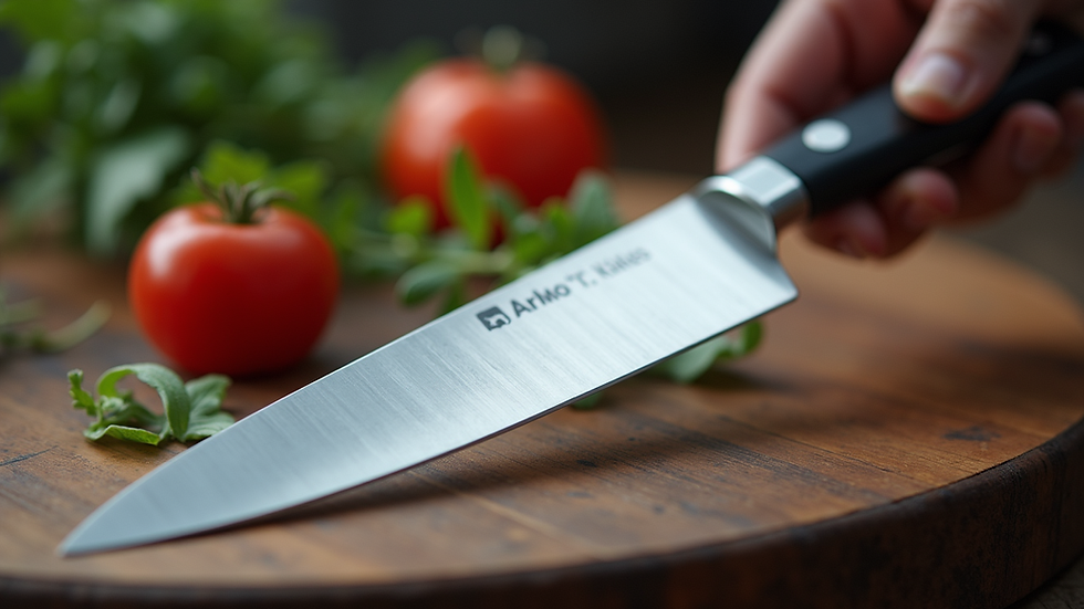 Close-up view of a high-quality chef's knife blade and ergonomic handle