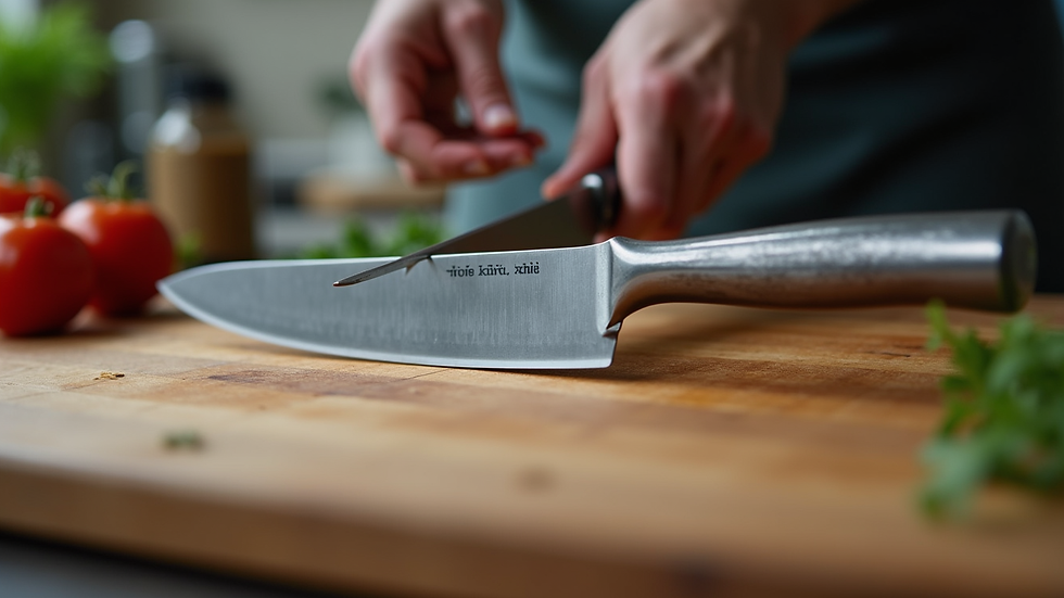Eye-level view of a professional chef knife with ergonomic handle on a cutting board