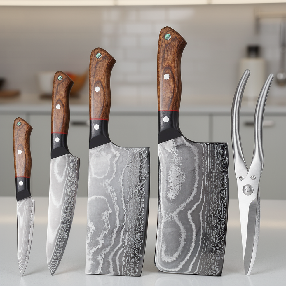 Thumbnail: 6-Piece Authentic Damascus Steel Kitchen Knife Set with G10 Handles & Wooden Blo