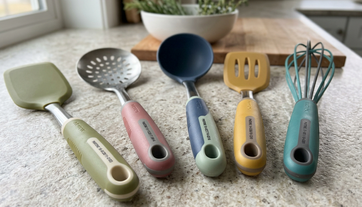 Close-up of dual-color kitchen utensil handles in soft Pantone-inspired tones