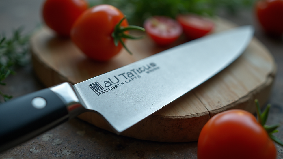 Close-up view of a polished steel chef knife blade