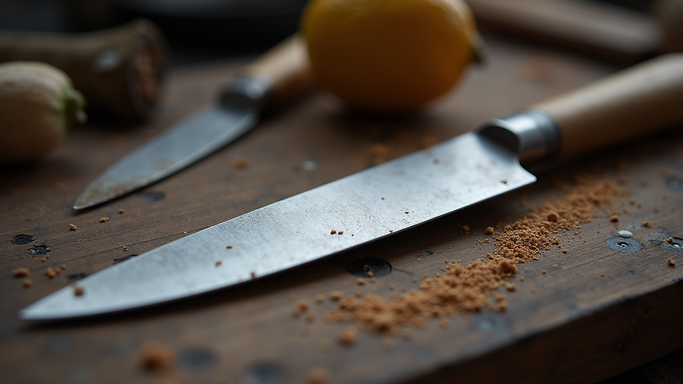 Close-up view of a forged chef knife blade on a workbench
