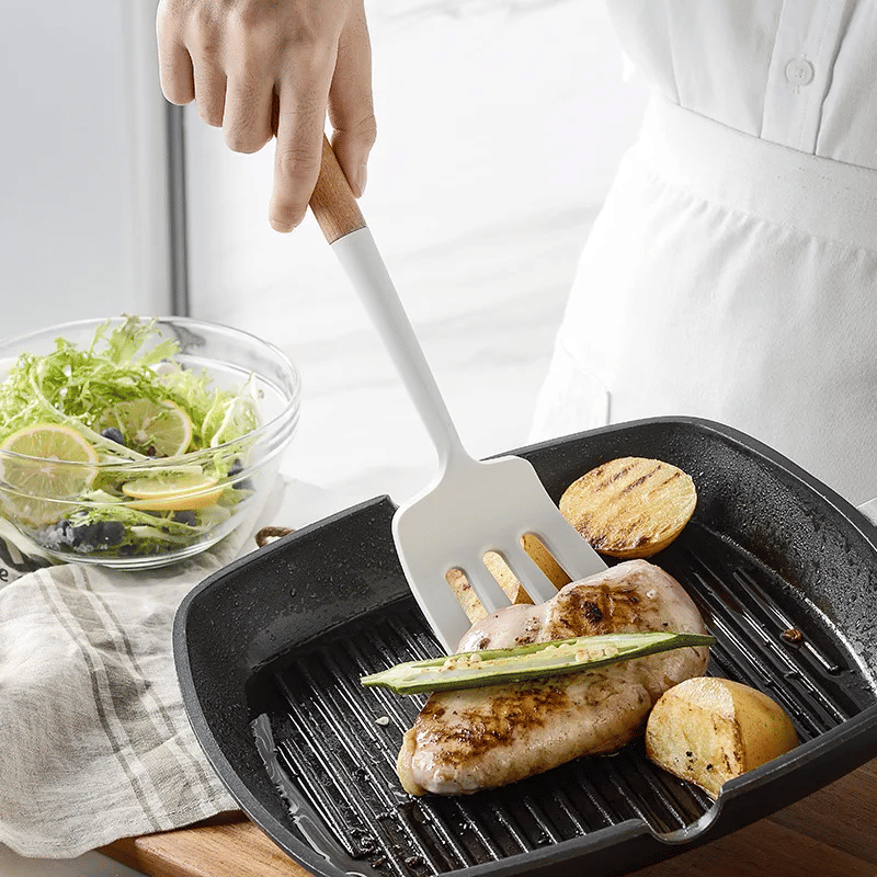 Non-Stick Silicone Kitchen Utensil Set with Wooden Handles and Holder
