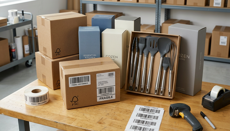 Eye-level view of kraft packaging boxes and labeled kitchen utensil sets ready for shipment