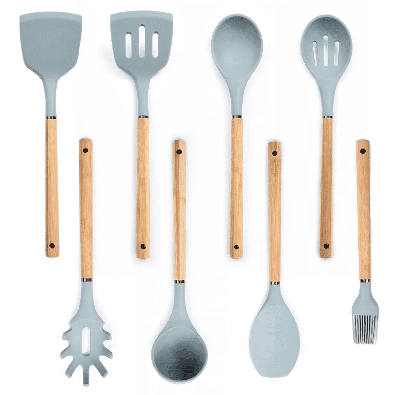 8-Piece Silicone and Wood Kitchen Utensil Set Grey