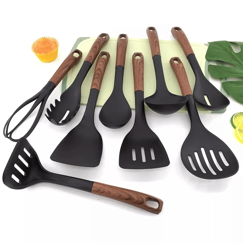 Kitchen Utensils Set 9 Piece Nylon and Wood