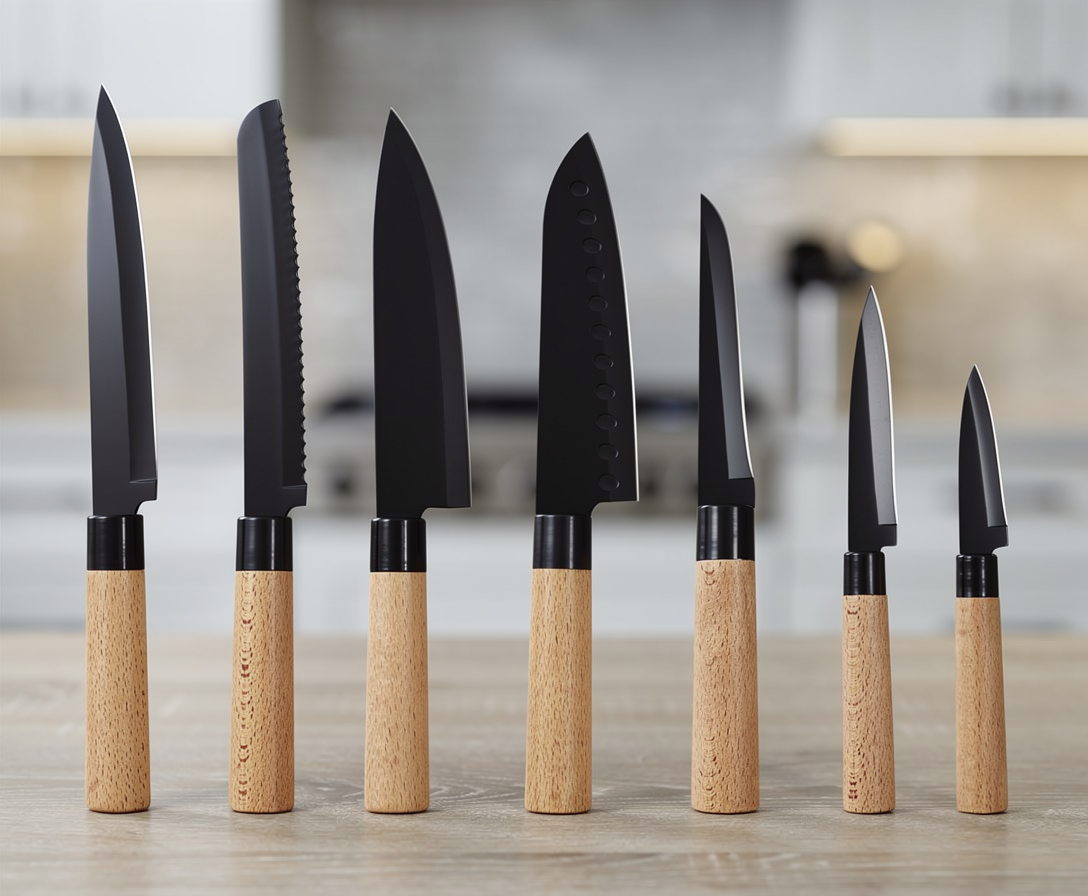 Non-stick Coating Kitchen Knife Set of 7 - BLACK