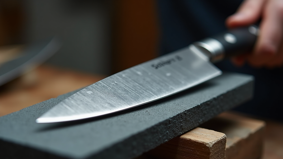 Close-up view of a forged chef knife blade on a sharpening stone