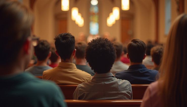 Eye-level view of a diverse congregation worshiping together in a church