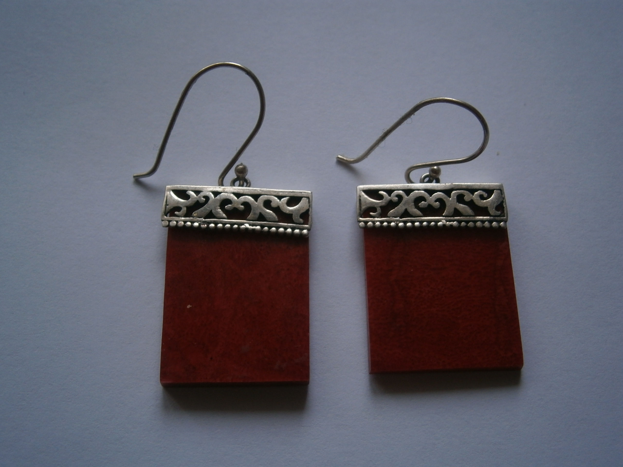 Vintage 925 Sterling Silver Red Coral Rectangle Drop Earrings