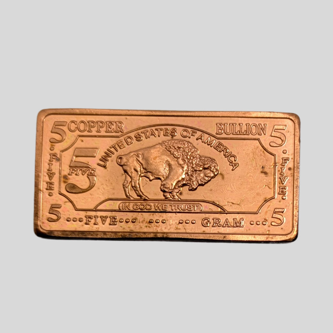 "BUFFALO" 5 gm COPPER BAR - FIVE GRAM BULLION MINT - .999 PURE COPPER USA