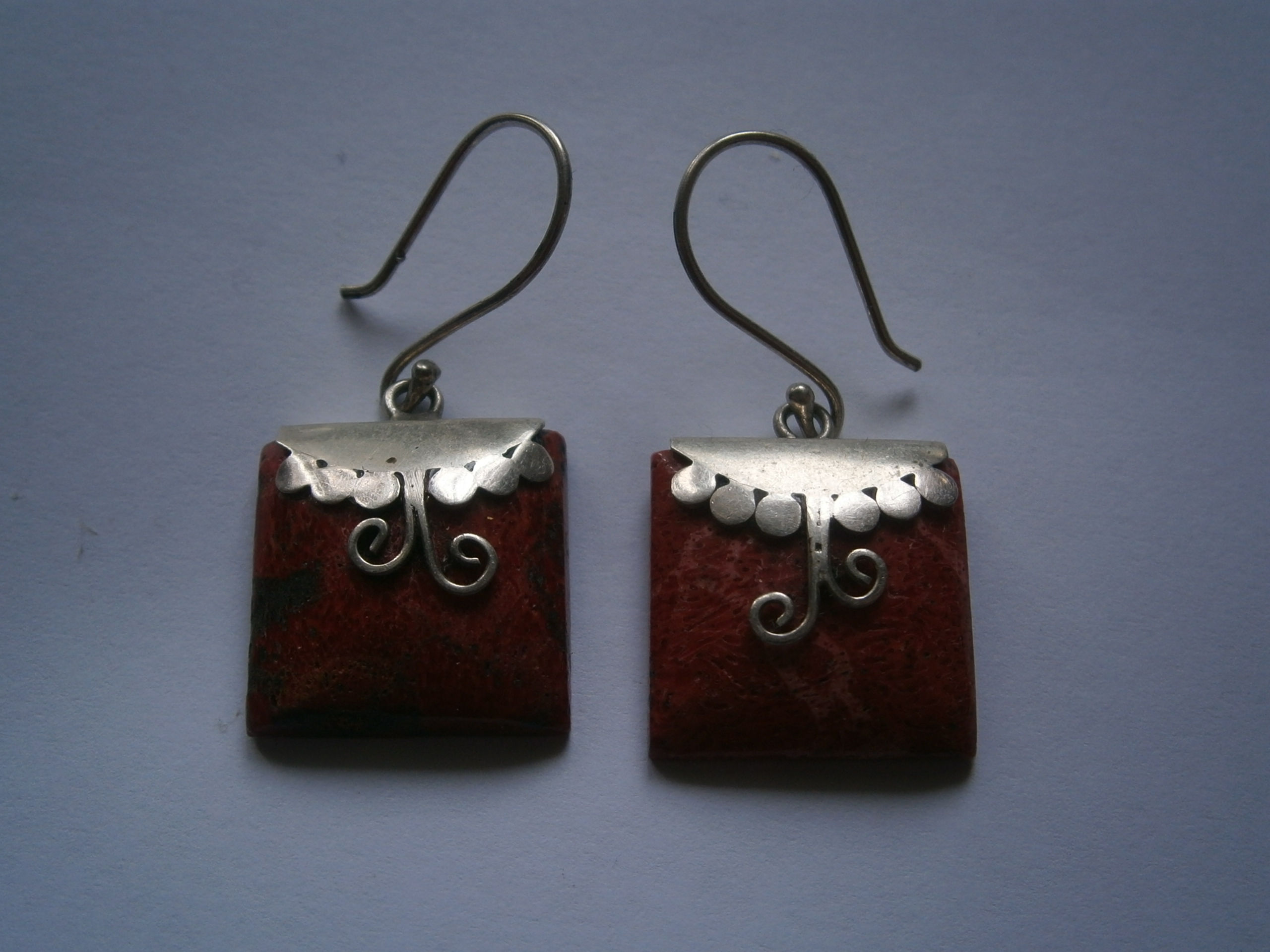 Vintage 925 Sterling Silver Artisan Red Ornate Dangle Earrings