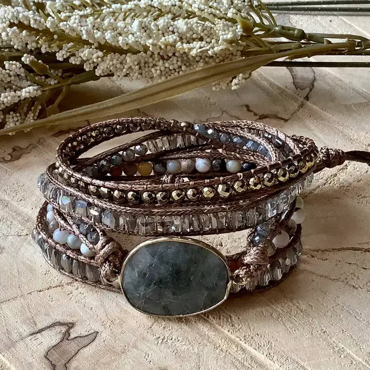 Handmade boho bracelet featuring grey crystal stones, 6mm amazonite beads, and labradorite on a vegan-friendly waxed cord, of