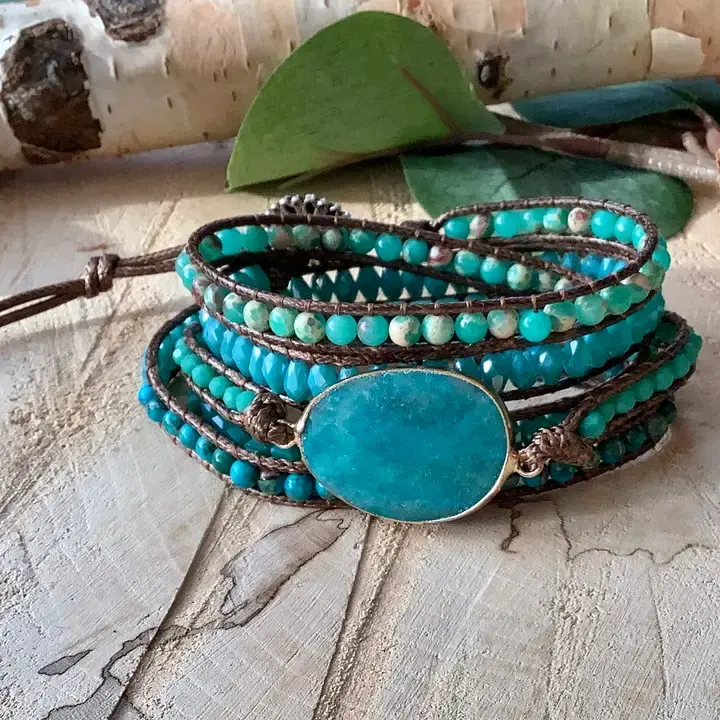 Handmade 4/5 wrap bracelet with turquoise and Shoushan beads, featuring a flower closure and adjustable vegan-friendly waxed