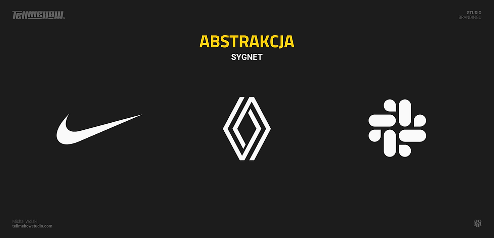 Rodzaje logo, kategoria—sygnet, Przykłady abstrakcyjnych logo. Logo Nike, logo Renault, logo Slack