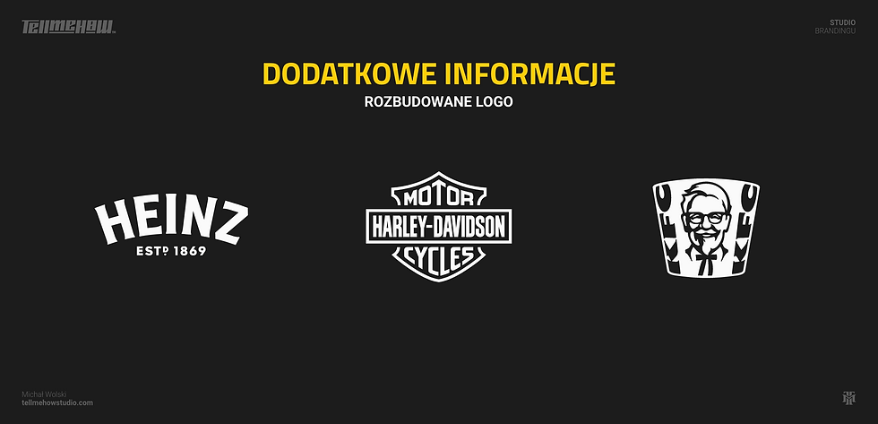 Dodatkowe informacje w rozbudowanym logo. Przykłady logo Heinz, logo Harley-Davidson, logo KFC
