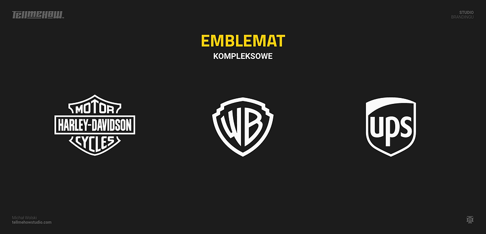 Rodzaje logo, kategoria—kompleksowe, Przykłady emblematów w logo. Logo Harley-Davidson, logo Warner Bros, logo UPS
