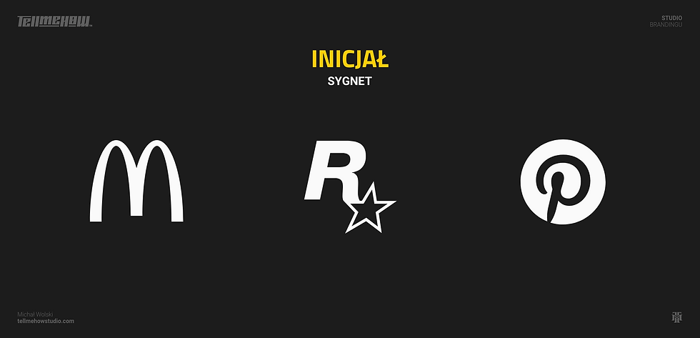 Rodzaje logo, kategoria—sygnet, Przykłady wykorzystania inicjałów. Logo McDonald’s, logo Rockstar Games, logo Pinterest