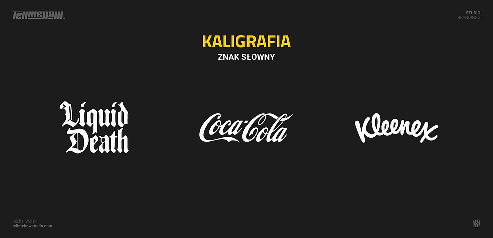 Rodzaje logo, kategoria—znak słowny, Przykłady kaligrafii w logo. Logo Liguid Death, logo Coca-Cola, logo Kleenex