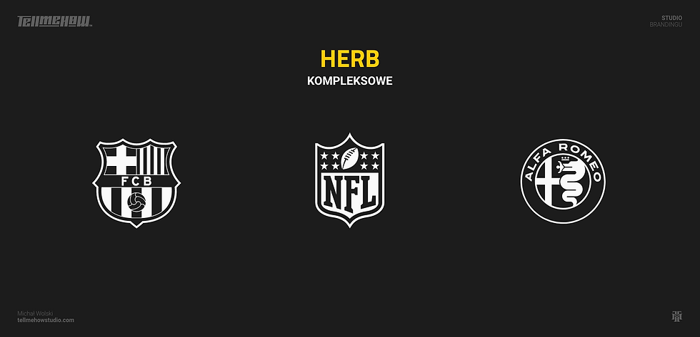 Rodzaje logo, kategoria—kompleksowe, Przykłady herbów w logo. Logo FC Barcelona, logo NFL, logo Alfa Romeo