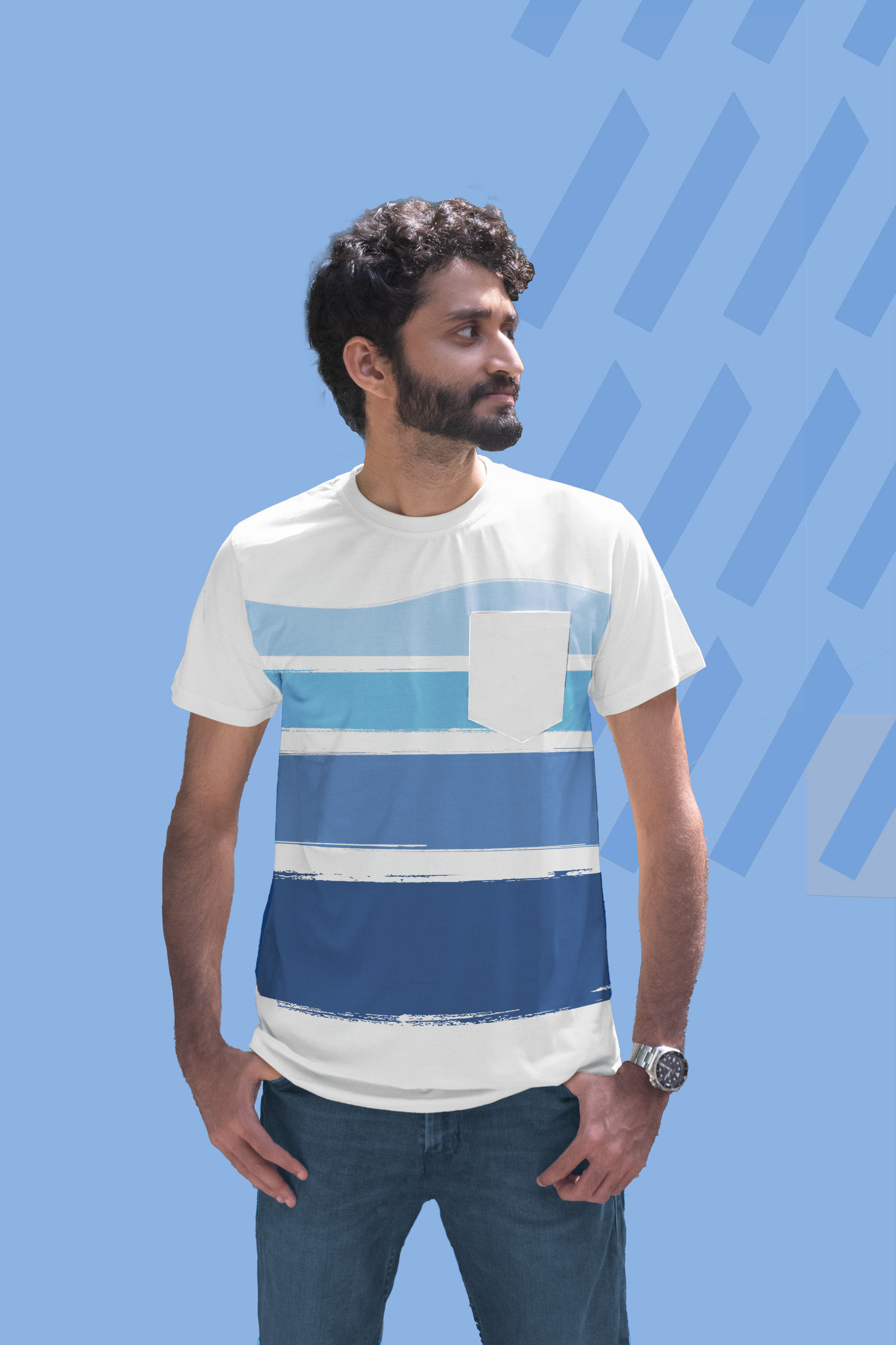 Man wearing a white t-shirt with a pocket and a print of varying shade of blue