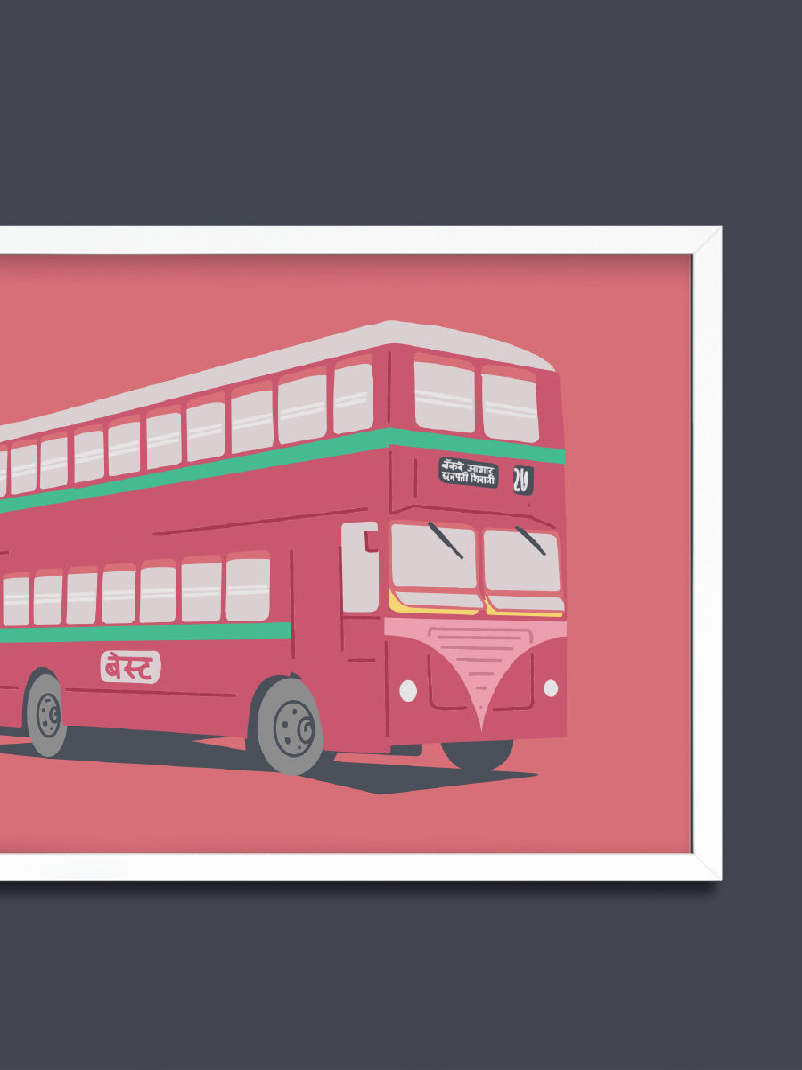 Close up of a frame containing a red coloured bus