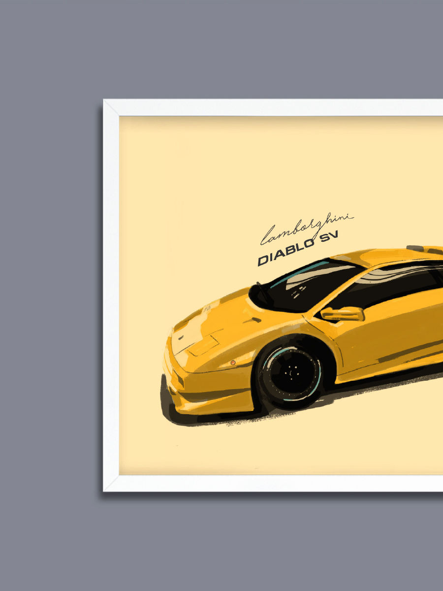 A framed printed digital artwork done in a rough brush style of the Lamborghini Diablo