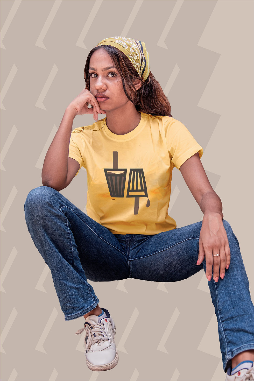 Girl wearing a bright yellow round neck graphic tee