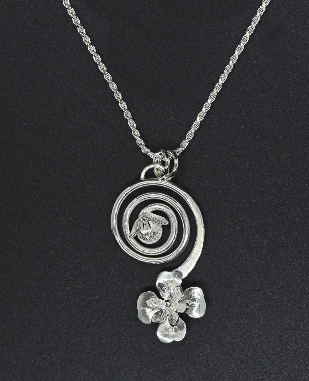 NECKLACE, STERLING SILVER, SPIRAL & FLOWER