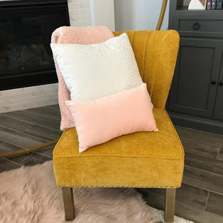 Gold/Yellow Chair, Pillows, Rugs