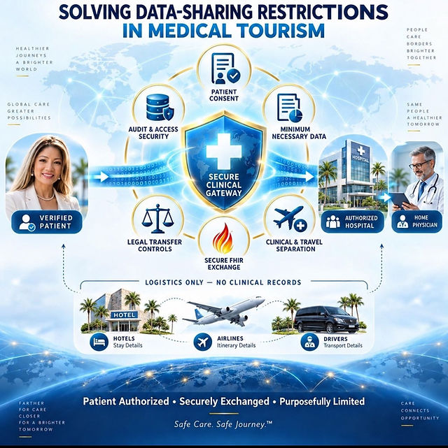 Solving data-sharing restrictions in medical tourism: a verified patient connects through a secure clinical gateway to an authorized hospital and home physician; hotels, airlines and drivers get logistics only