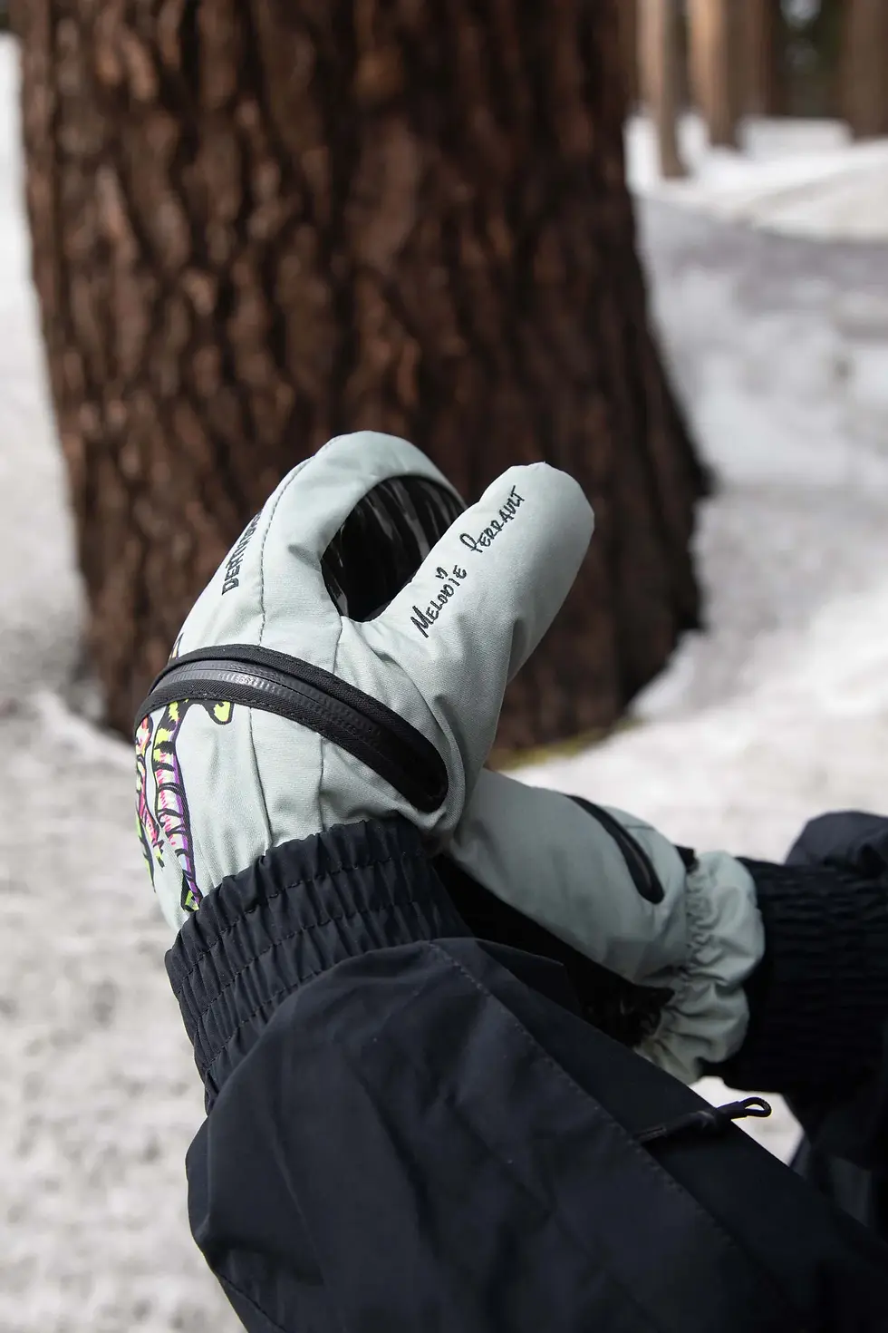 Miniaturbild: mint-grüner Fausthandschuh, mit farbigem Tieger Motiv, Typ Melodie Perrault Mitt, Marke Deathgrip Glove Co., mit Zipper