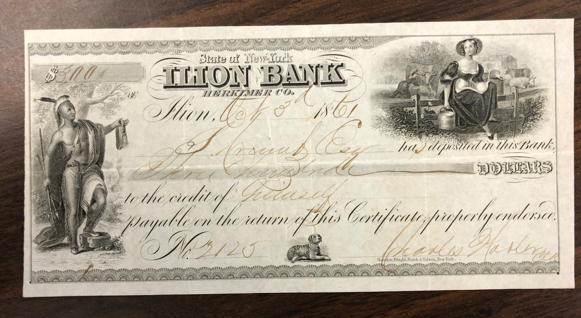 antiquestatecheck1861stateofnewyorkilionbankherkimer