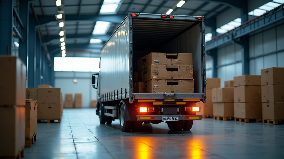 Close-up view of a delivery truck unloading parts at a manufacturing plant