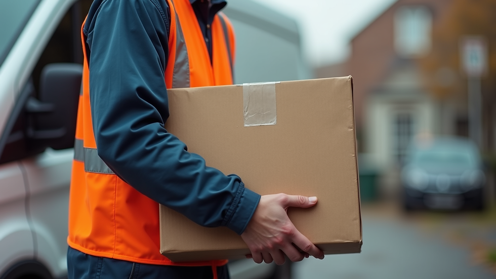 Close-up view of a delivery driver holding a package in front of a delivery van