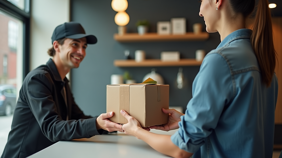 Close-up view of a courier handing over a package to a business receptionist